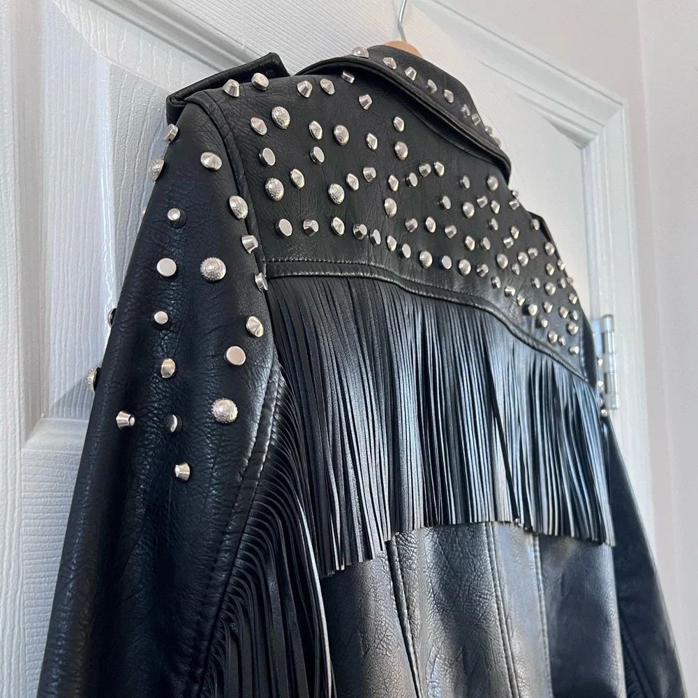 PINK ROSE Black Studded Fringe Leather Moto Jacket - Picture 10 of 10